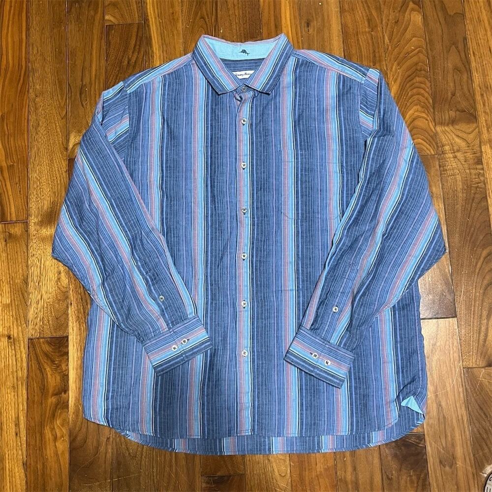 Tommy Bahama Shirt Men's XL Blue Multi Stripe Long Sleeve Button Up Pocket